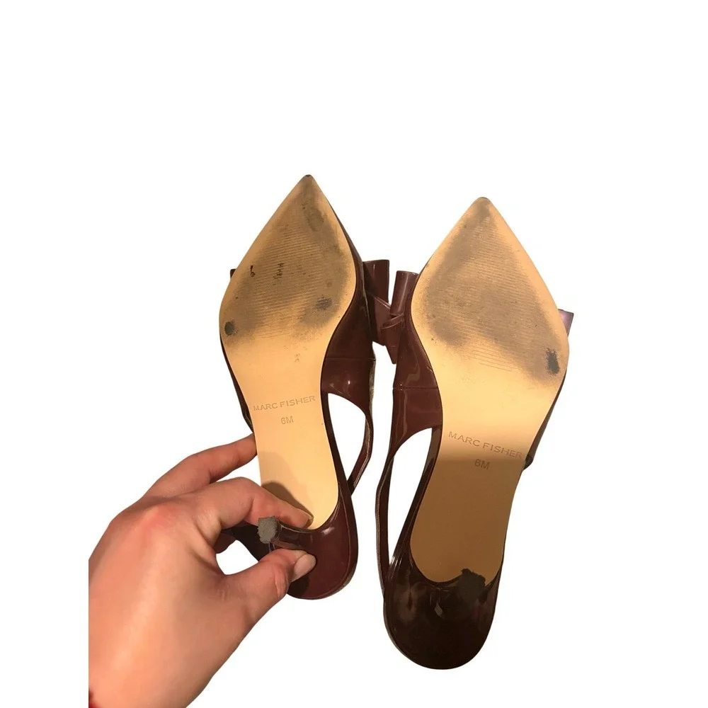 Marc Fisher Women Dark Red Patent Bow Slingback Kitten Heels Size 6M